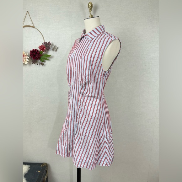 DEREK LAM 10 CROSBY Women’s Blue Red Striped Ruffle Placket  Mini Shirtdress 10 - Picture 6 of 16